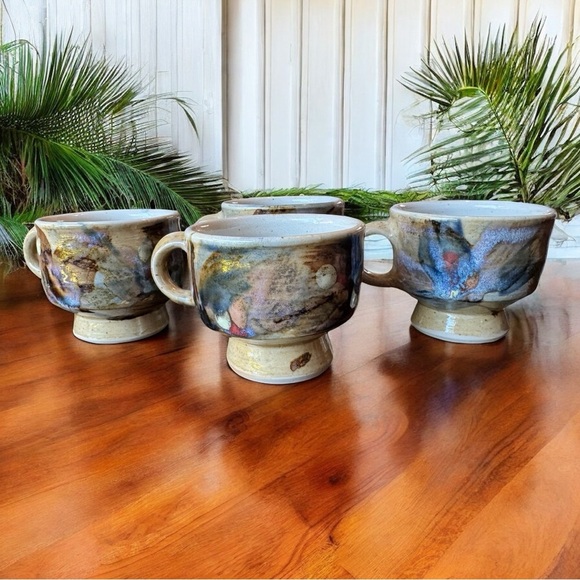 Set of 4 Handmade Stoneware Mugs – Edinbane Pottery Scotland – Footed Cups - Picture 1 of 14